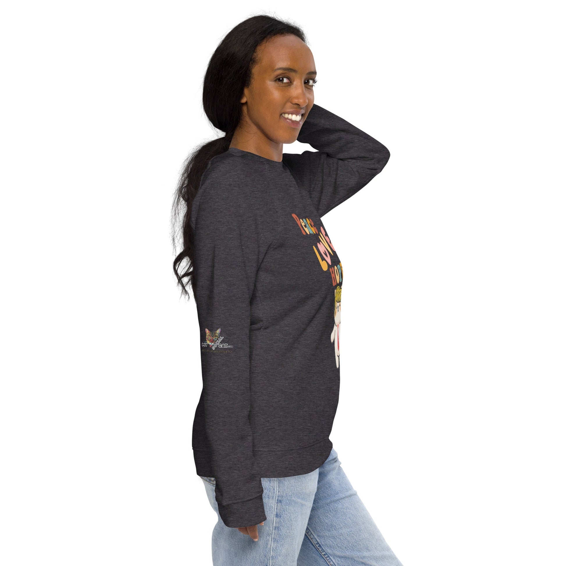 Peace Love Hope Unisex Organic Plush Sweatshirt - My Social Cat Bonafide Boutique LLCPeace Love Hope Unisex Organic Plush SweatshirtSweatshirtMy Social Cat Bonafide Boutique LLCCharcoal MelangeXShopelove