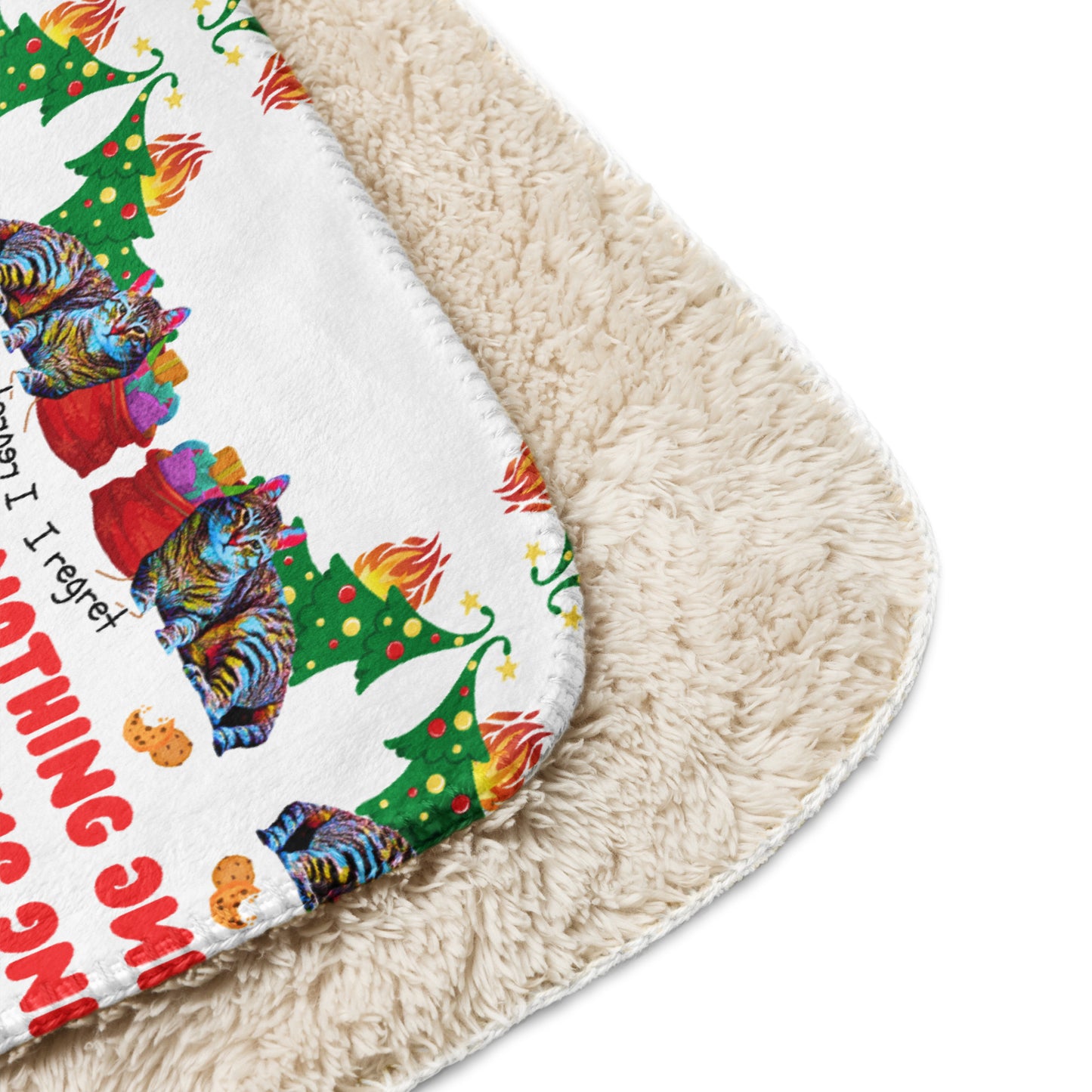 Close up sherpa blanket xmas tree on fire cat i regret nothing