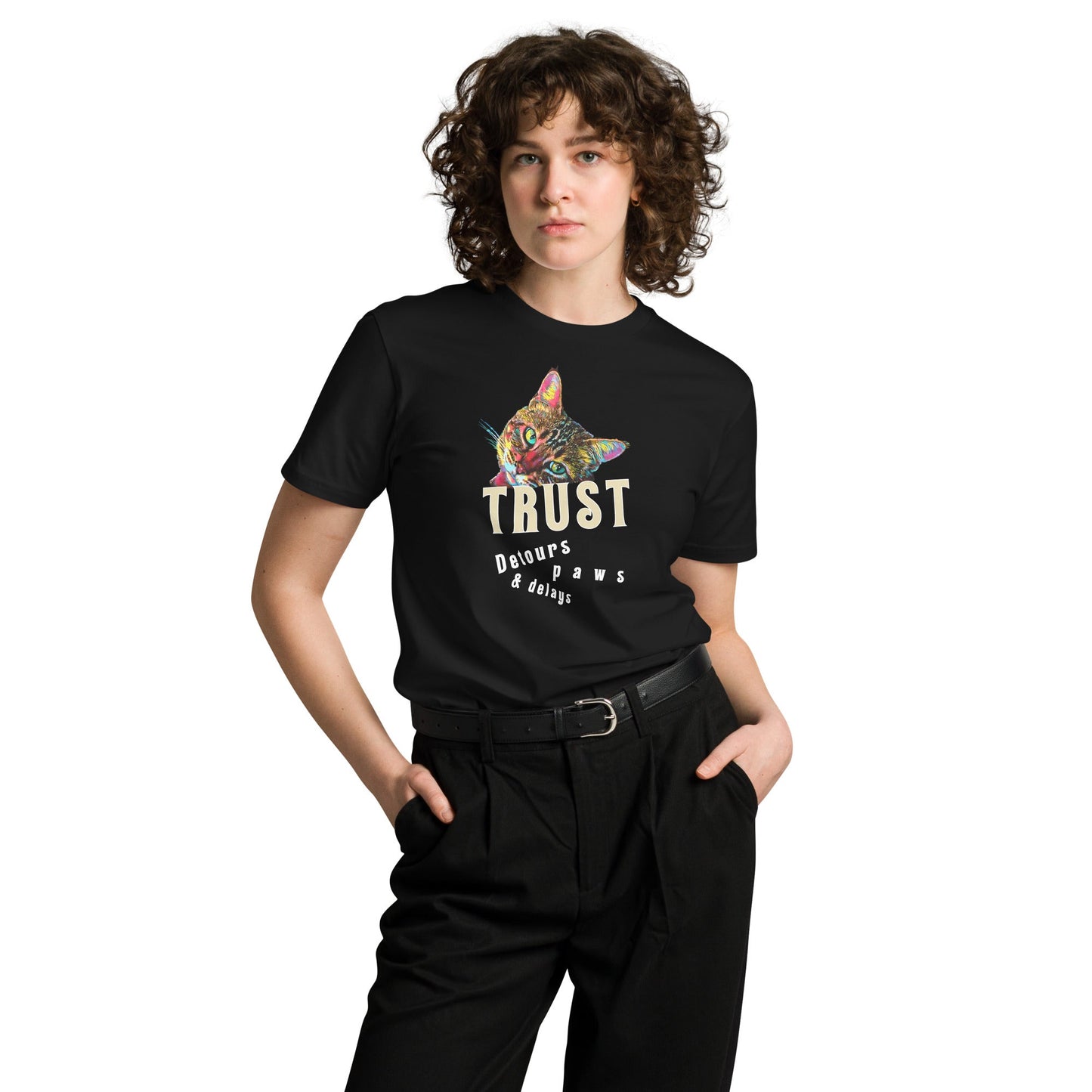 Trust Detours Paws & Delays Unisex Premium Combed Cotton Tee - My Social Cat Bonafide Boutique LLC  