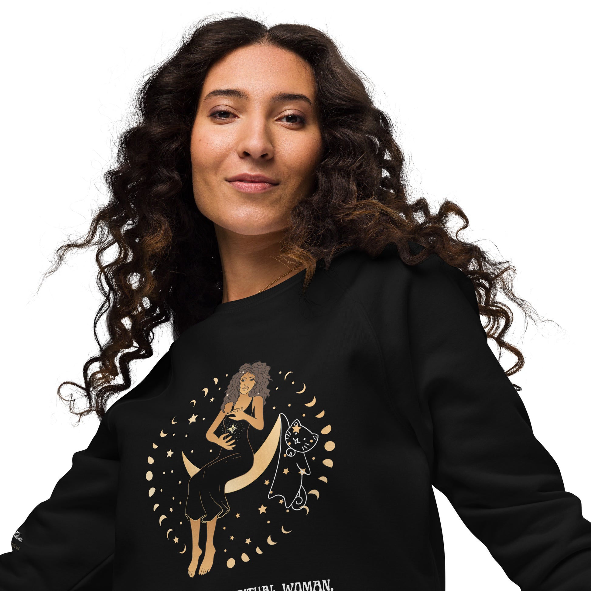 young woman with black curly hair smiling wearing black sweatshirt close up on white background