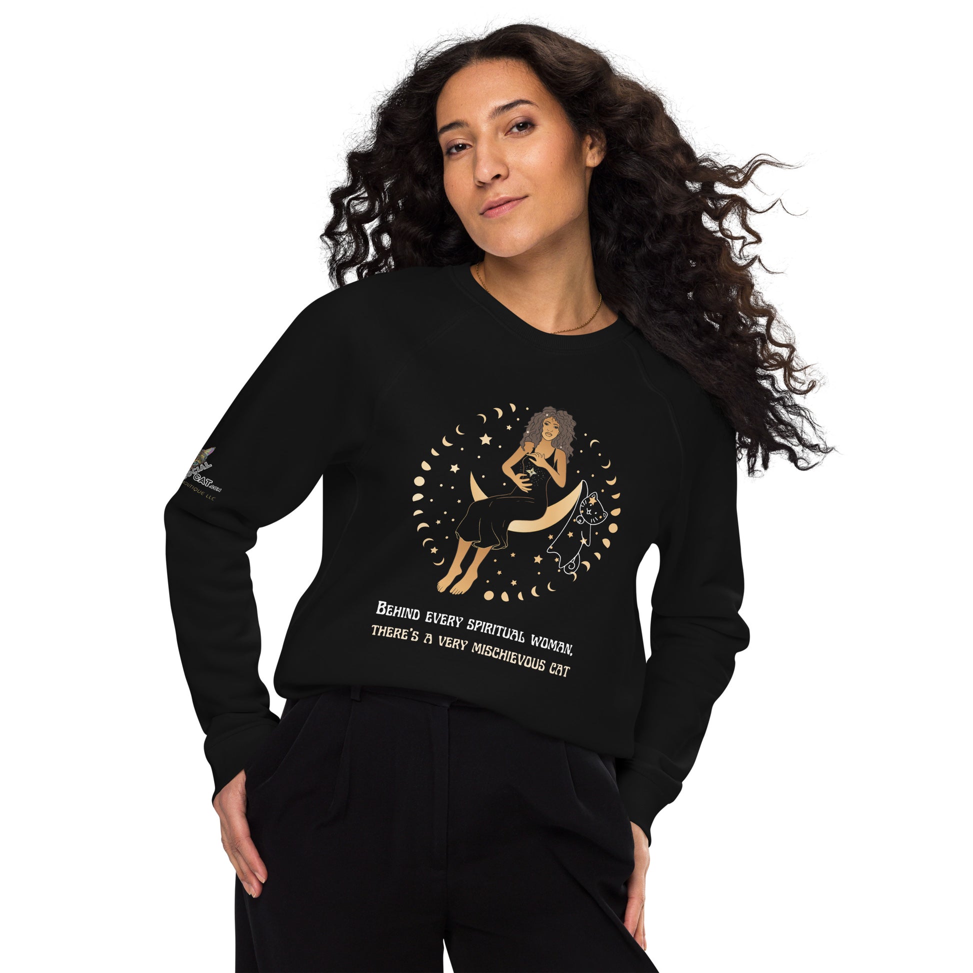 young woman with long black curly hair wearing black sweatshirt on white background