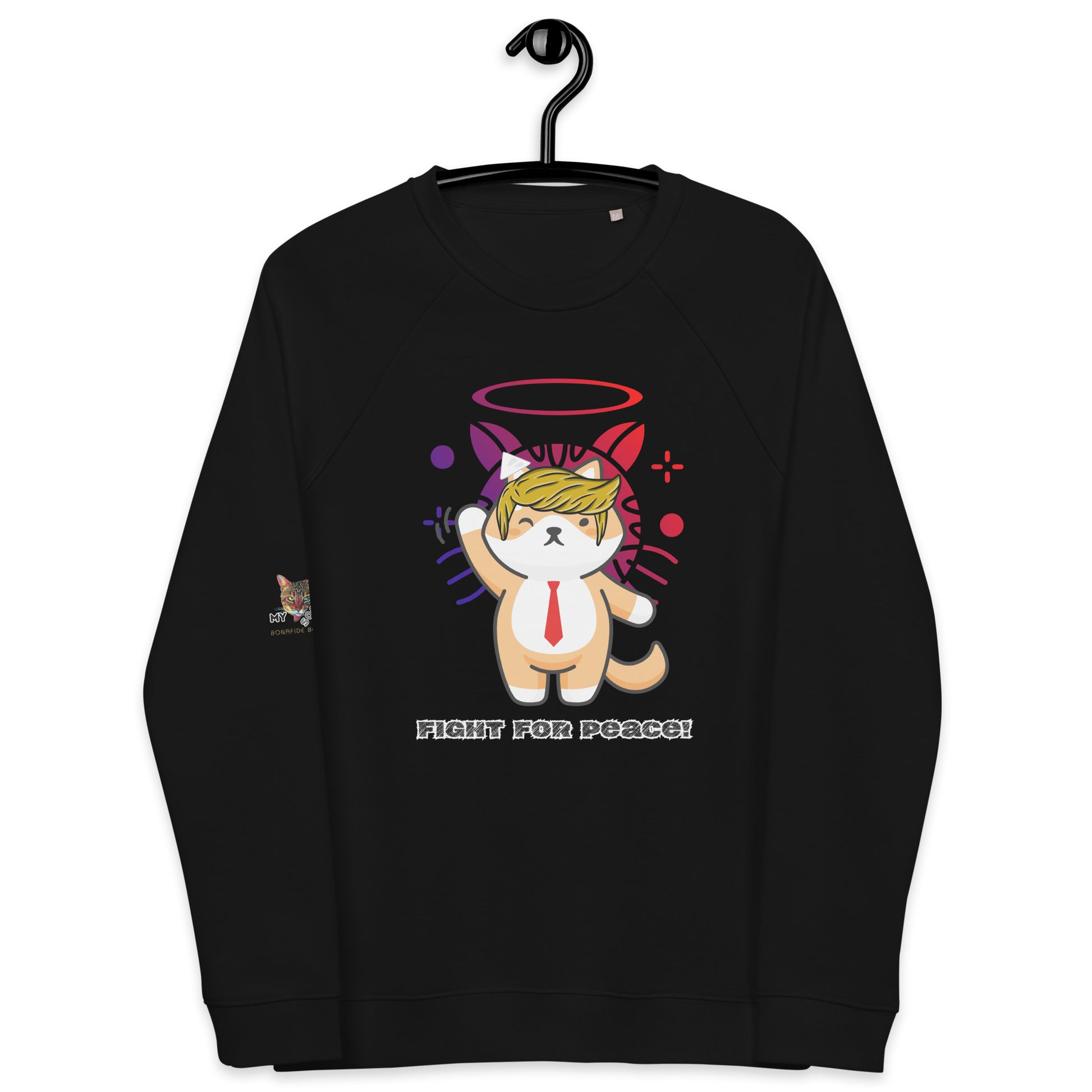 black raglan sweatshirt on a hanger