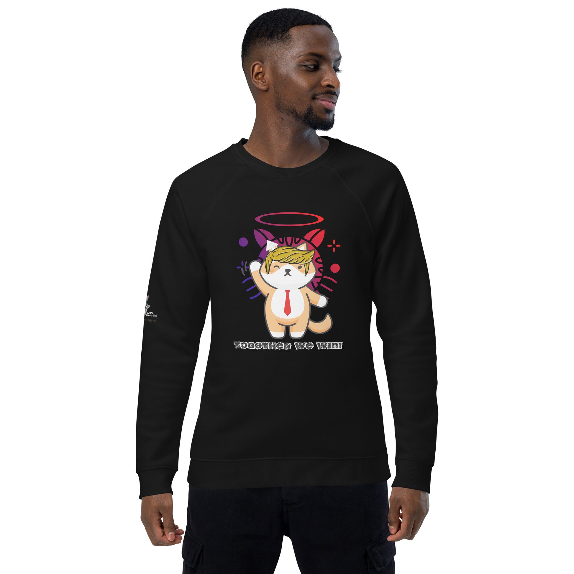 unisex organic sweatshirt black worn by young black man sitting white background trump design