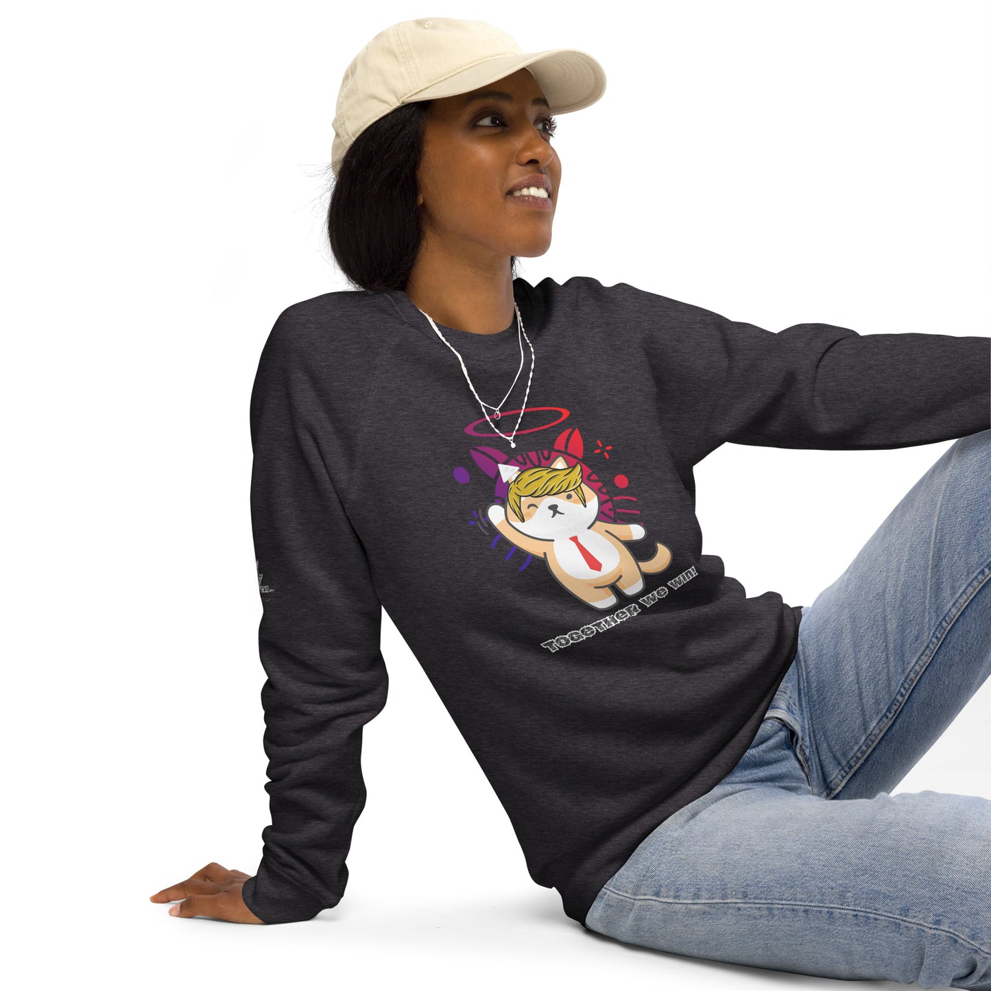 unisex organic sweatshirt charcoal melange worn by young black woman sitting white background trump design