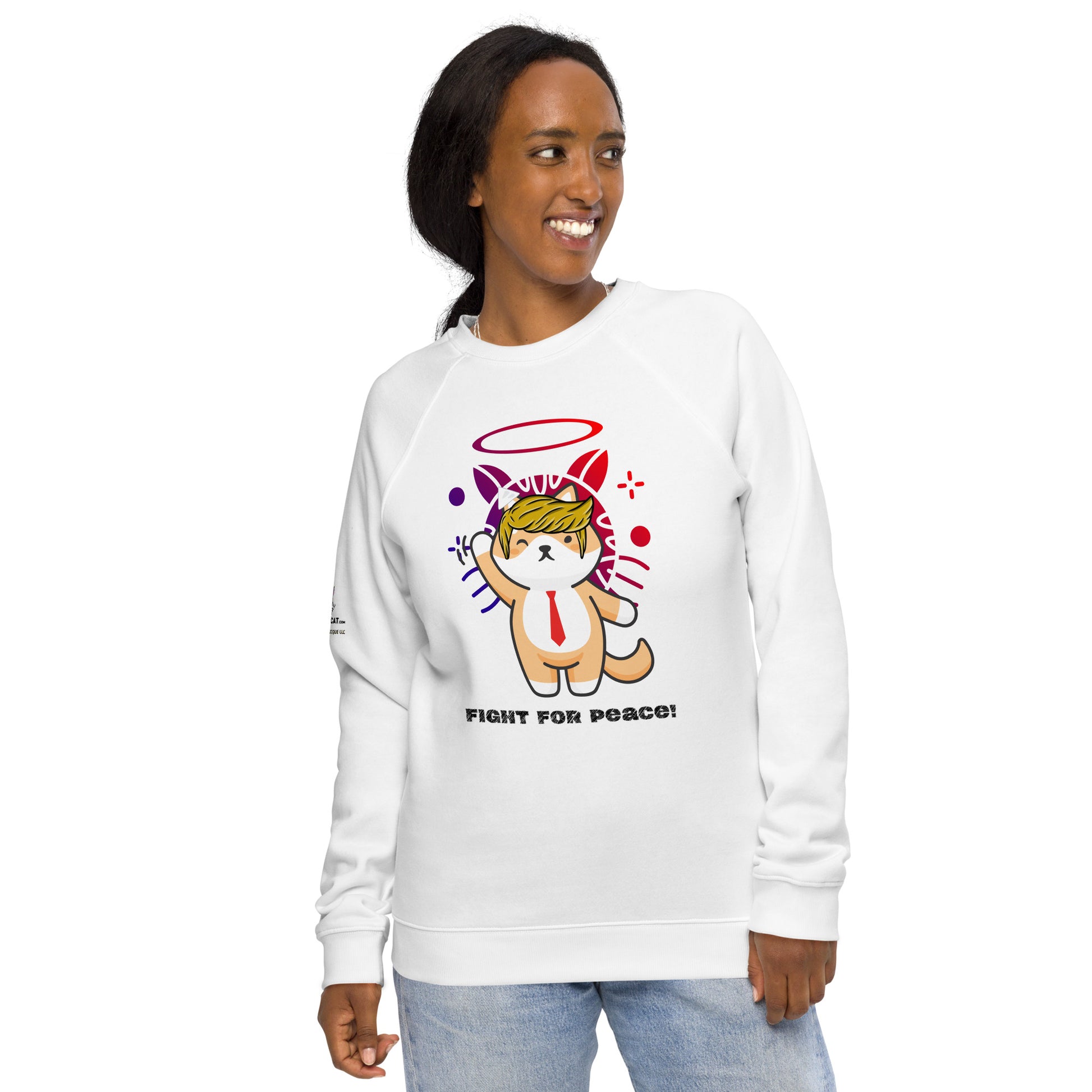 young woman is wearing a white raglan organic sweatshirt