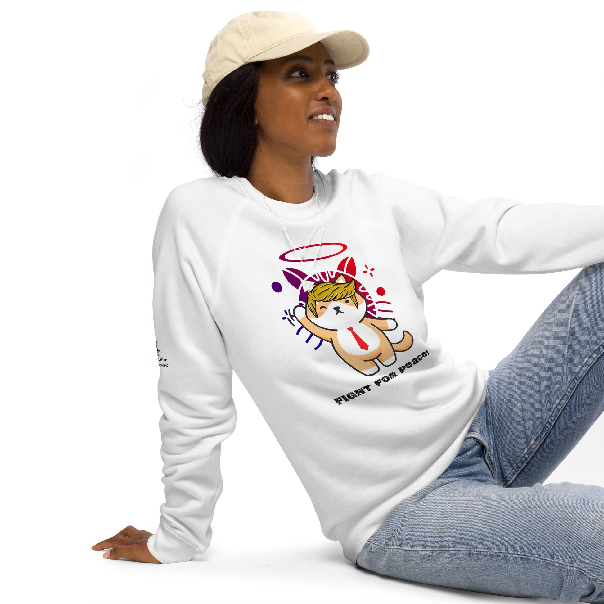 young woman is wearing a white organic raglan sweatshirt