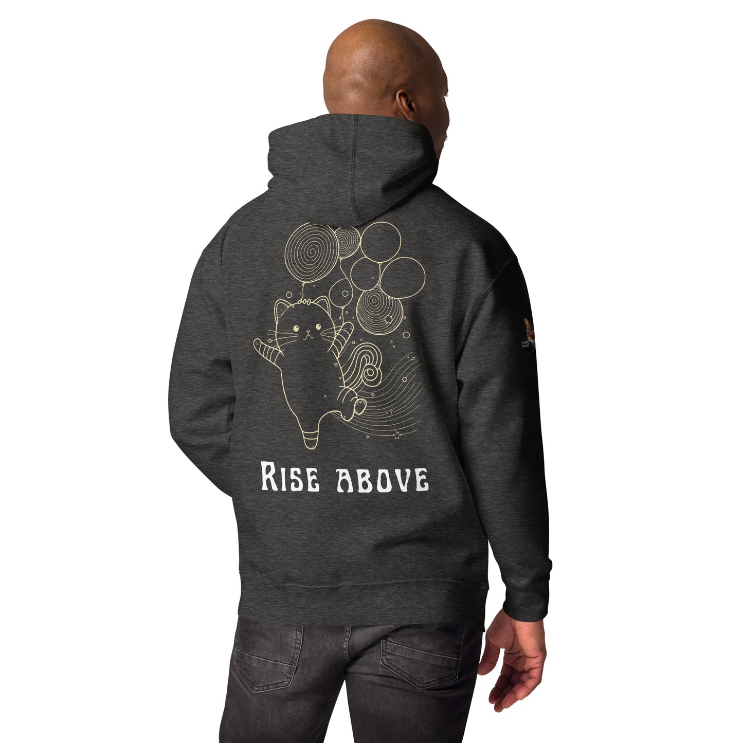 man wearing a hoodie facing back that says rise above