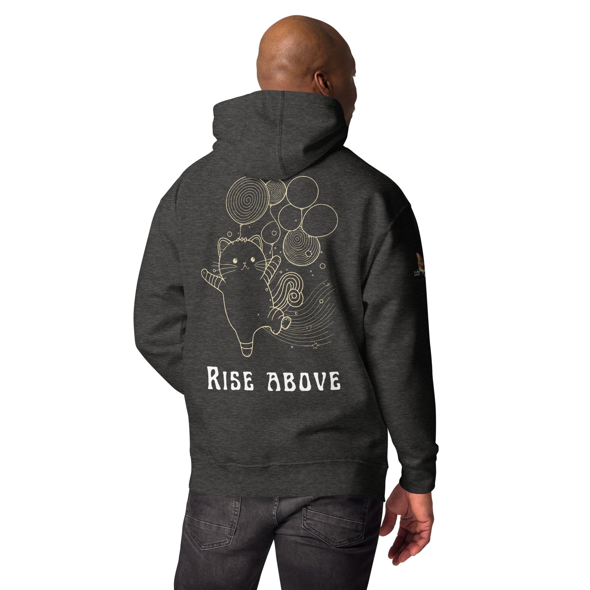 man wearing a hoodie facing back that says rise above