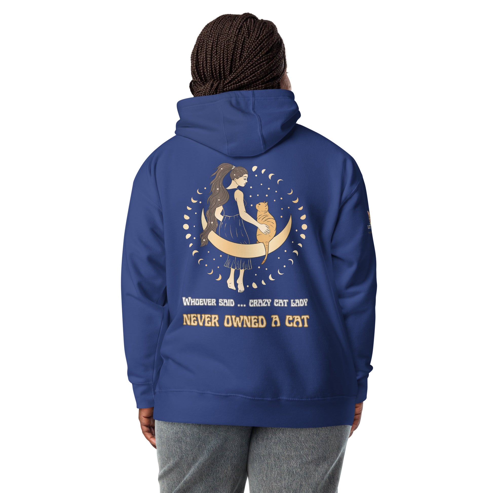 black woman with braids wearing blue hoodie back design on white background