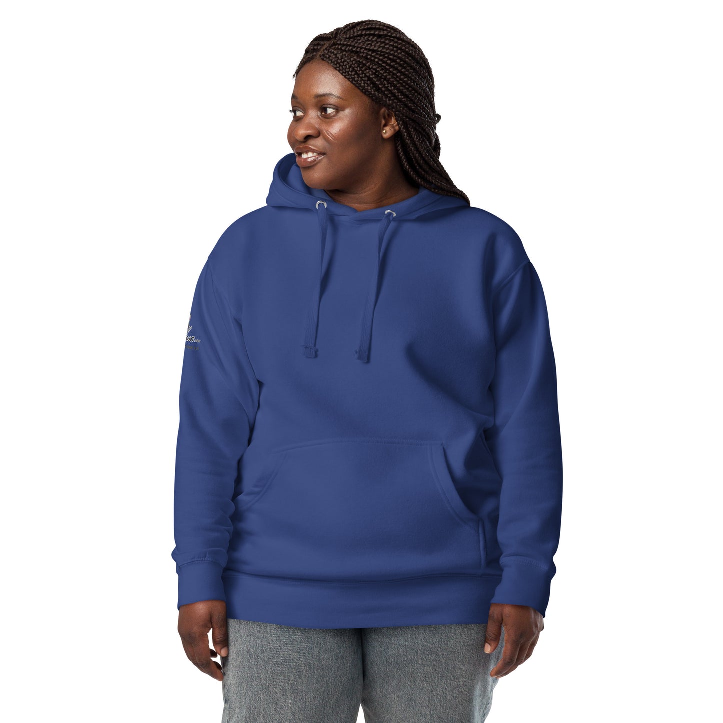 black woman with braids wearing blue hoodie front view white background
