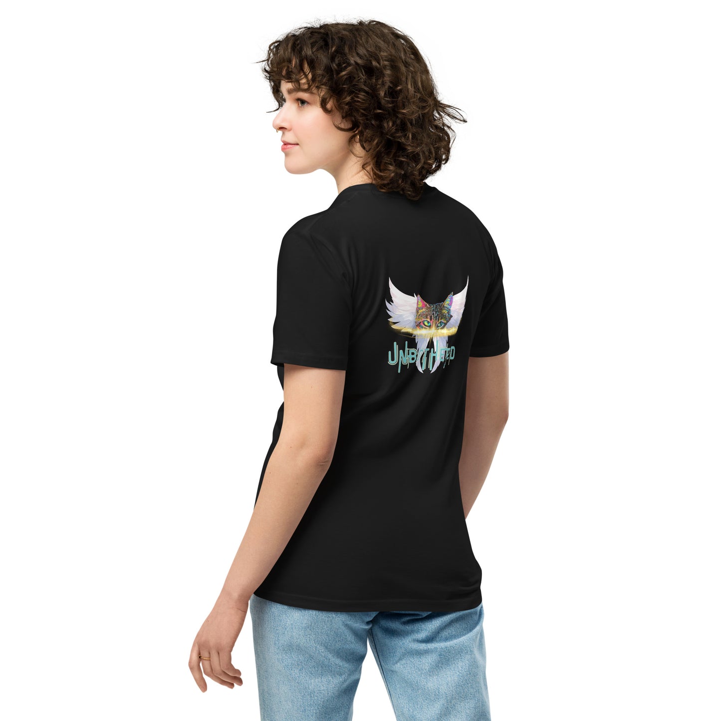 Person wearing a black t-shirt with a colorful graphic on the back, standing against a white background