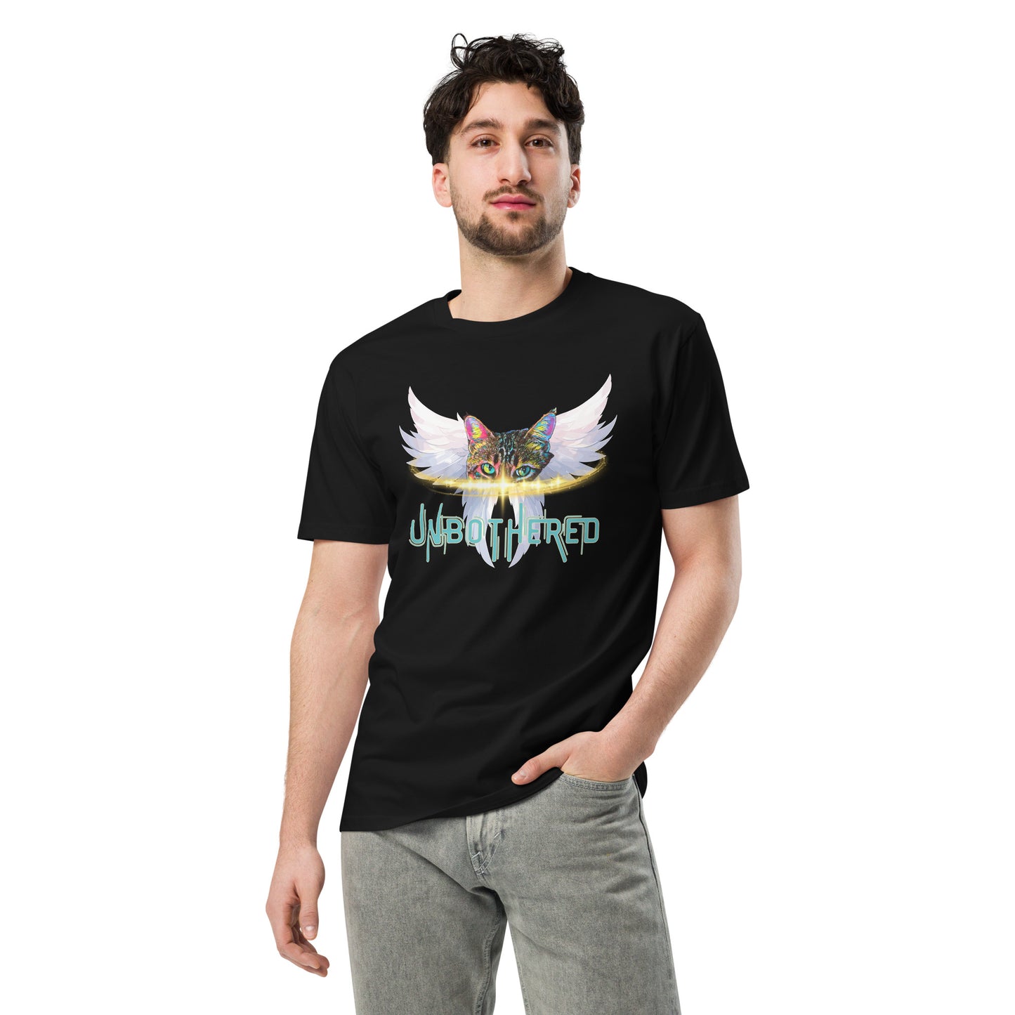 Person wearing a black t-shirt with a colorful graphic design on a white background
