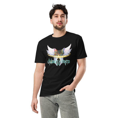 Person wearing a black t-shirt with a colorful graphic design on a white background