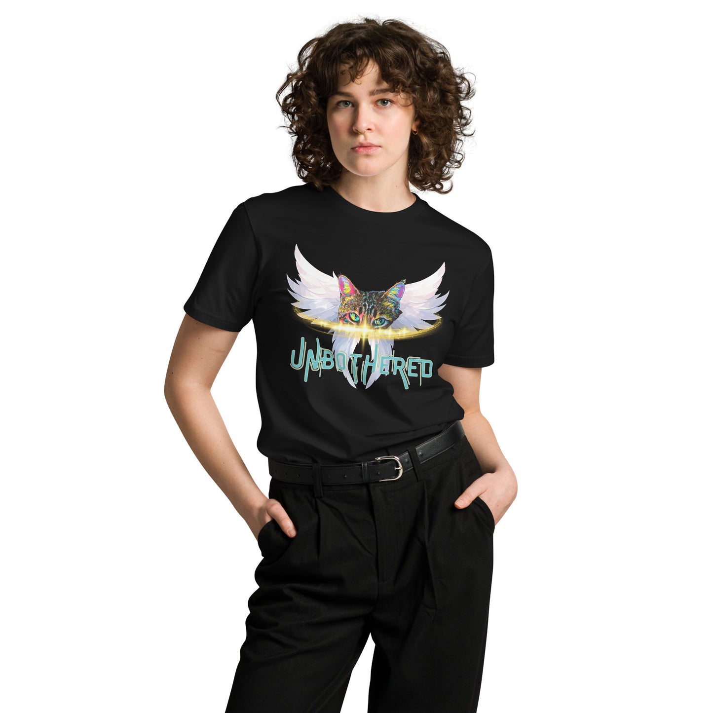 Person wearing a black t-shirt with a colorful graphic and text on a white background