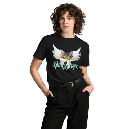 Person wearing a black t-shirt with a colorful graphic and text on a white background