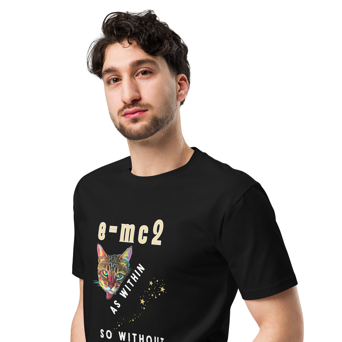 Man wearing a black t-shirt with a colorful cat graphic and text on a white background