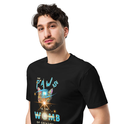 Person wearing a black t-shirt with a colorful graphic and text.