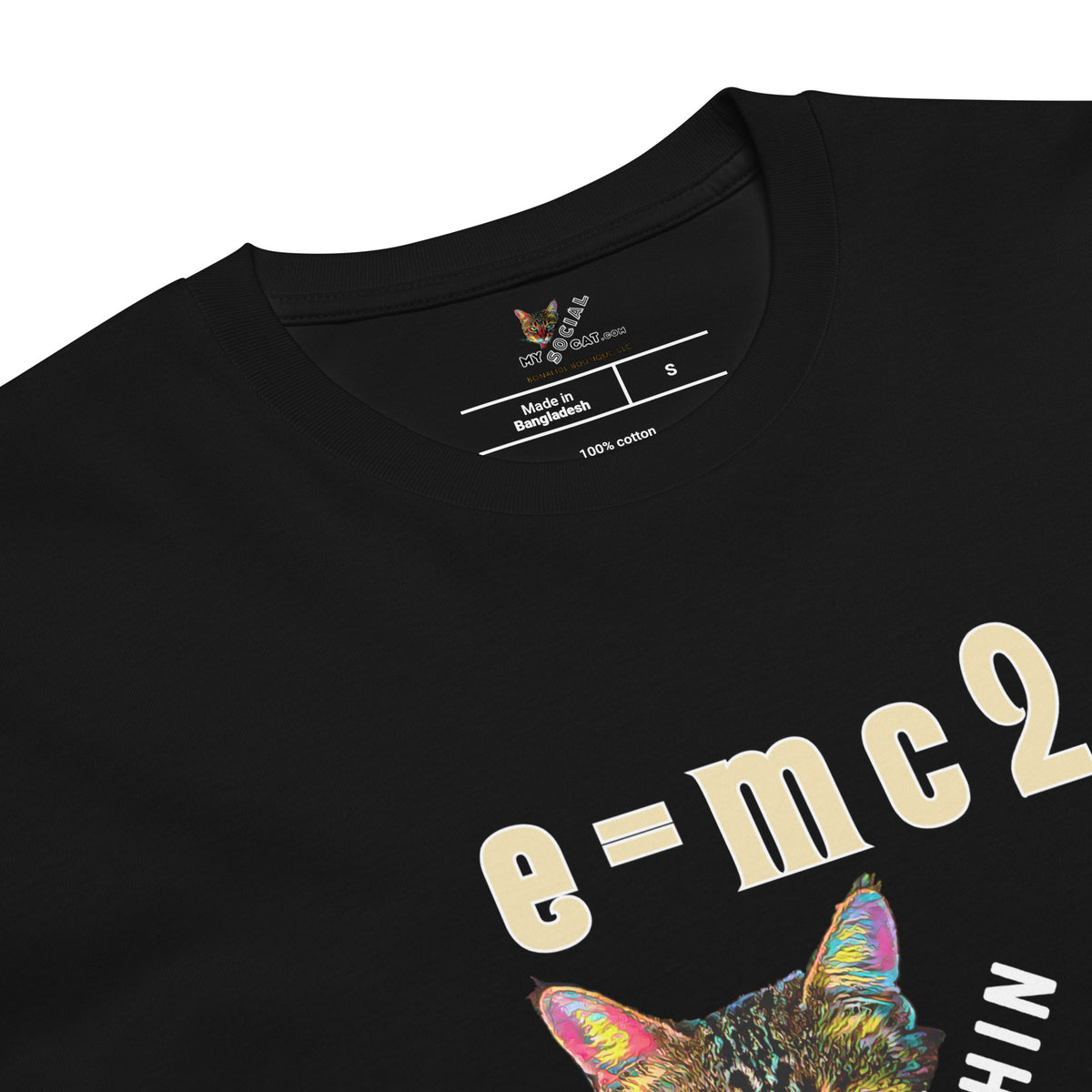 Black t-shirt with a colorful cat graphic and 'e=mc2' text on a white background