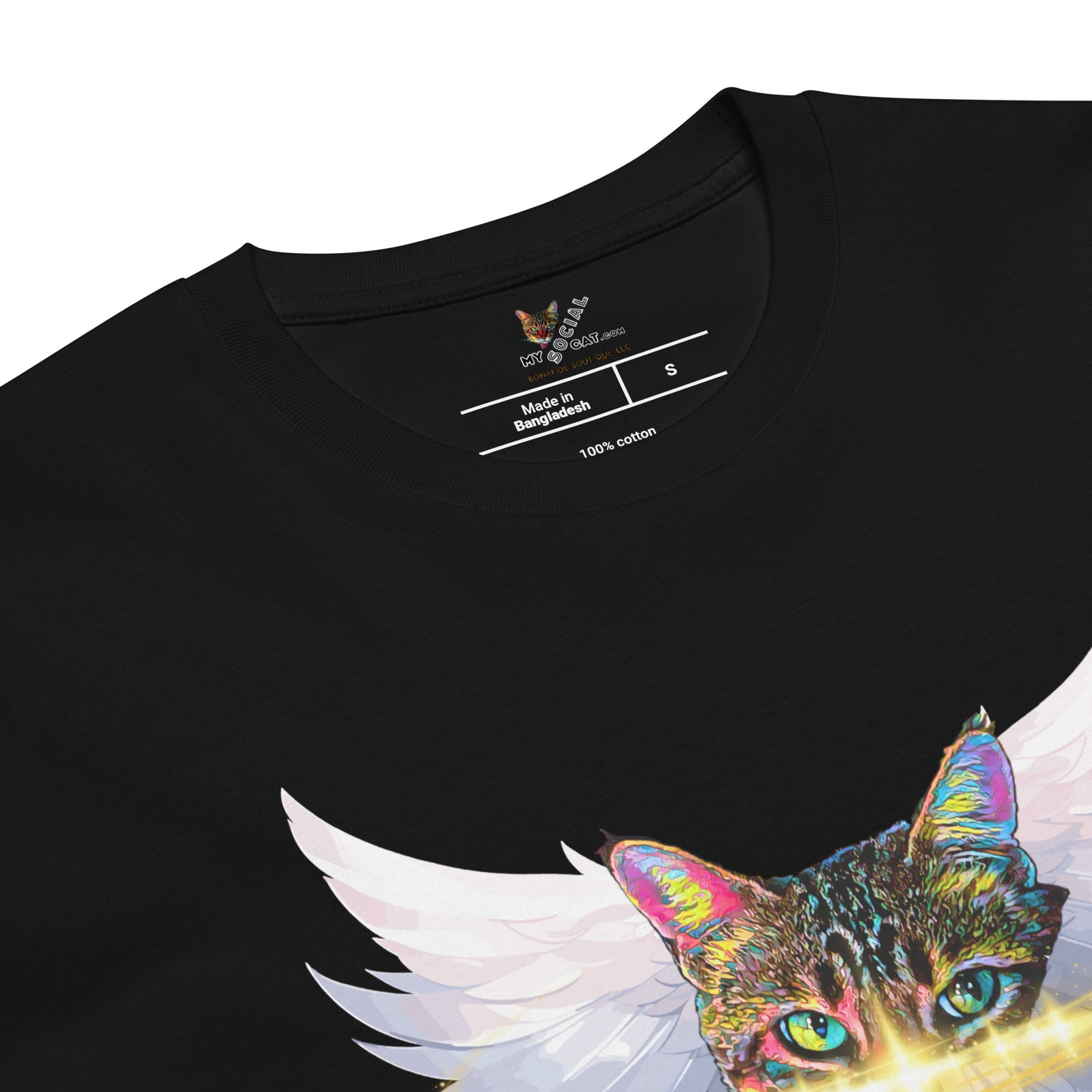 Black t-shirt with a colorful cat design and angel wings on a white background