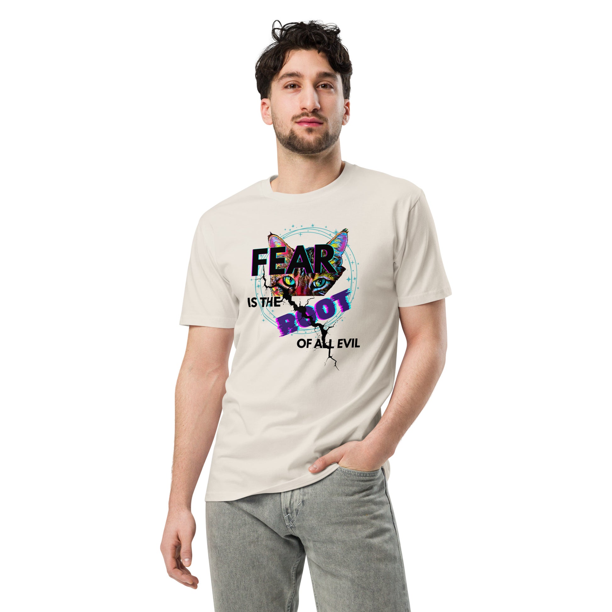 Man wearing a t-shirt with a motivational quote on a white background