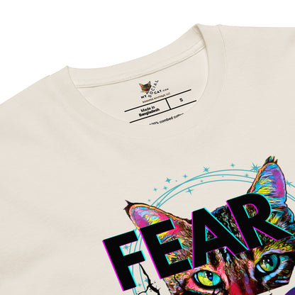 Beige t-shirt with a colorful cat graphic and 'FEAR' text on a white background