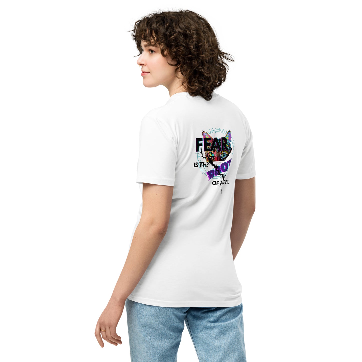 Person wearing a beige t-shirt with a logo on the back against a white background