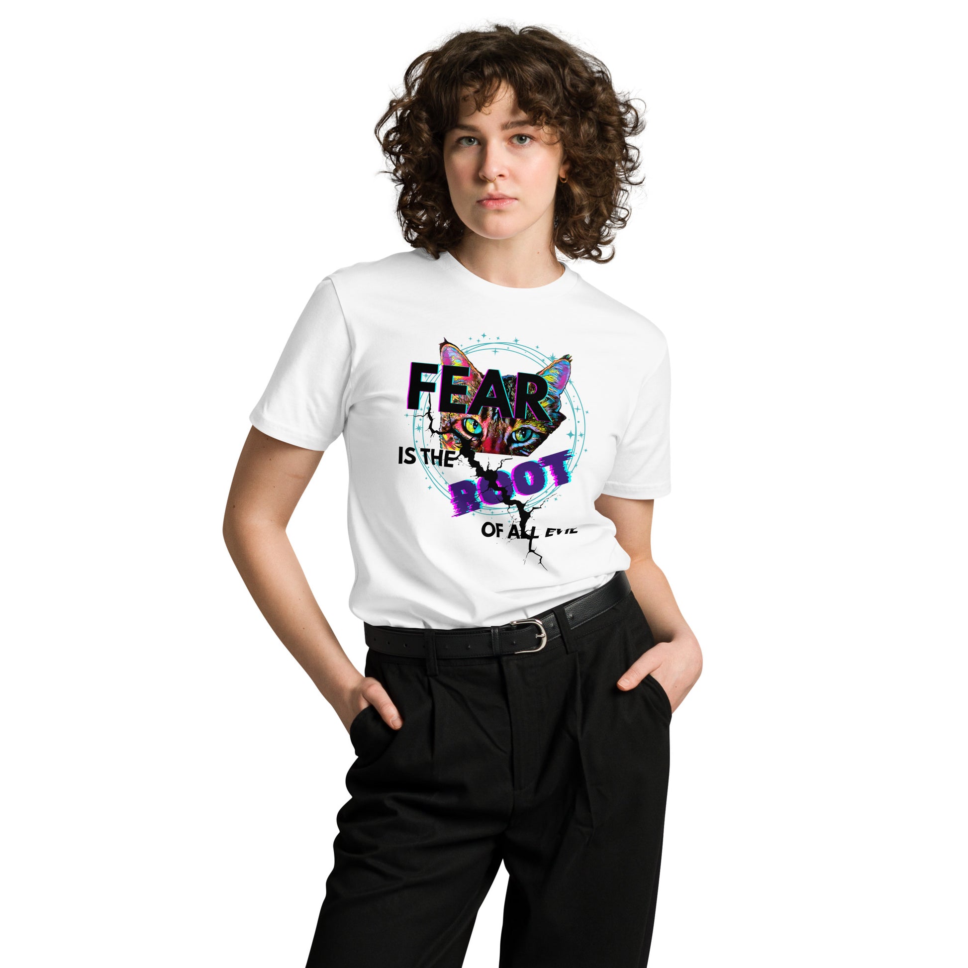 Person wearing a white t-shirt with colorful graphic design and text on a white background