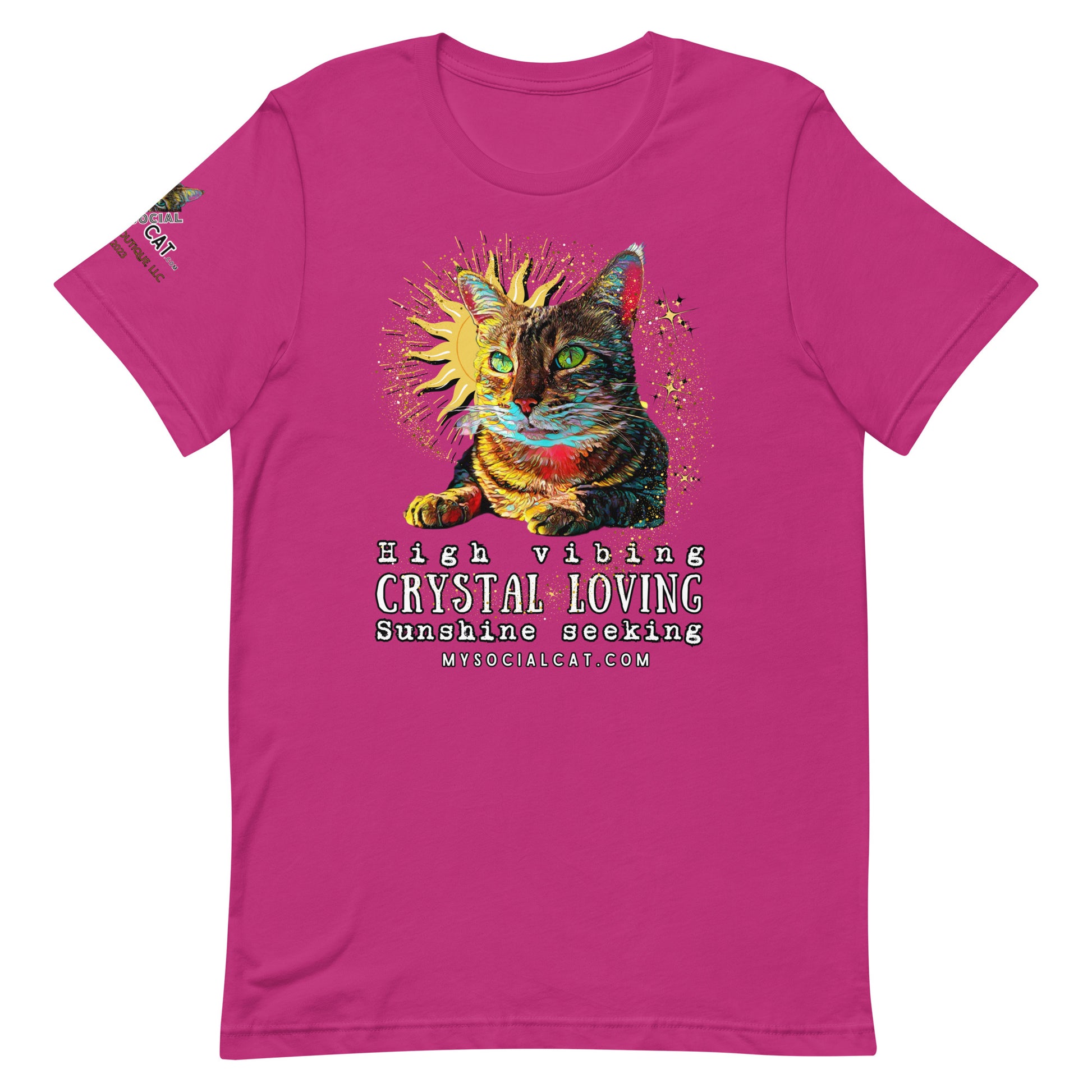 unisex staple t-shirt berry front view cat design, crystal loving, mysocialcat.com