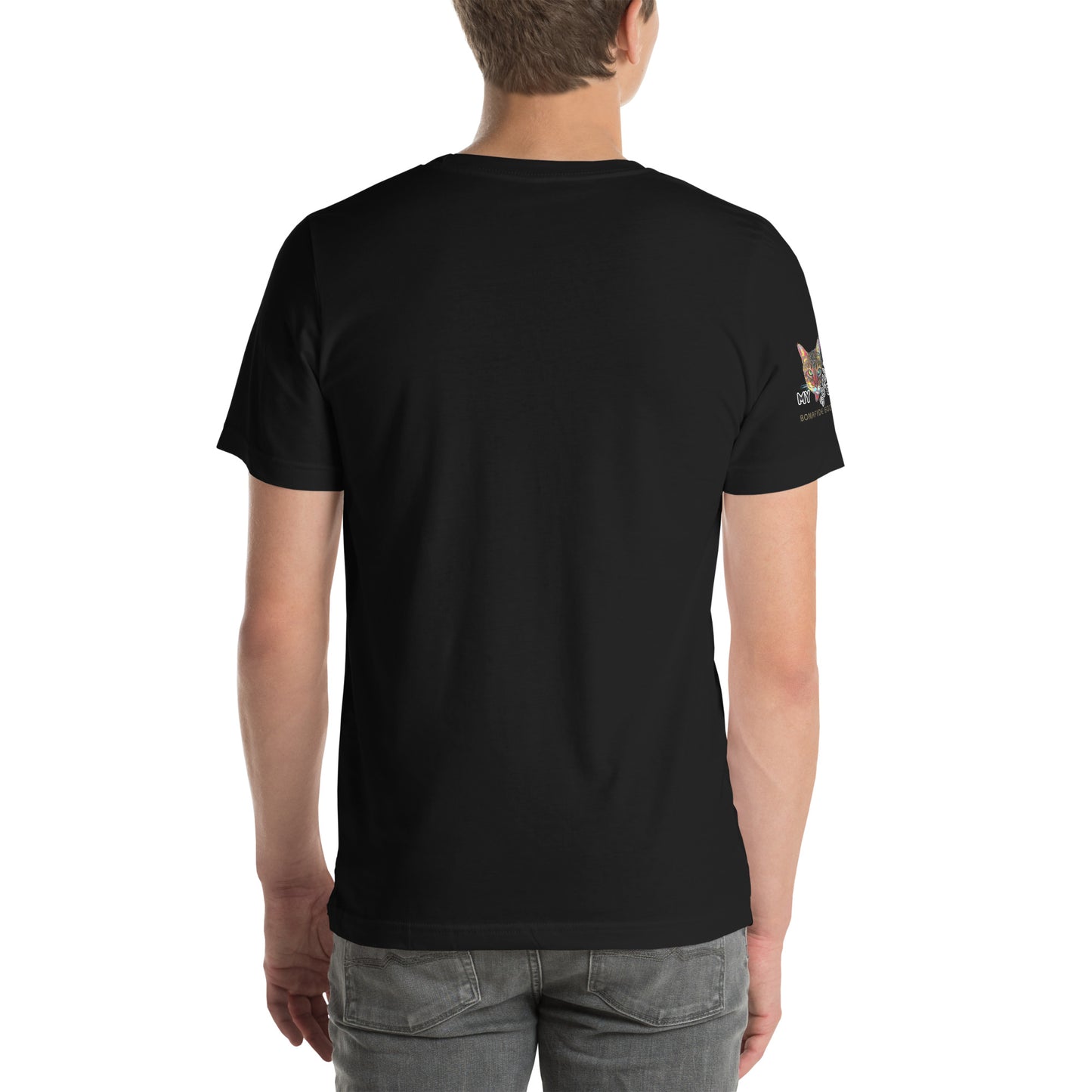 young man wearing unisex black tshirt back trump top dog fight for our future