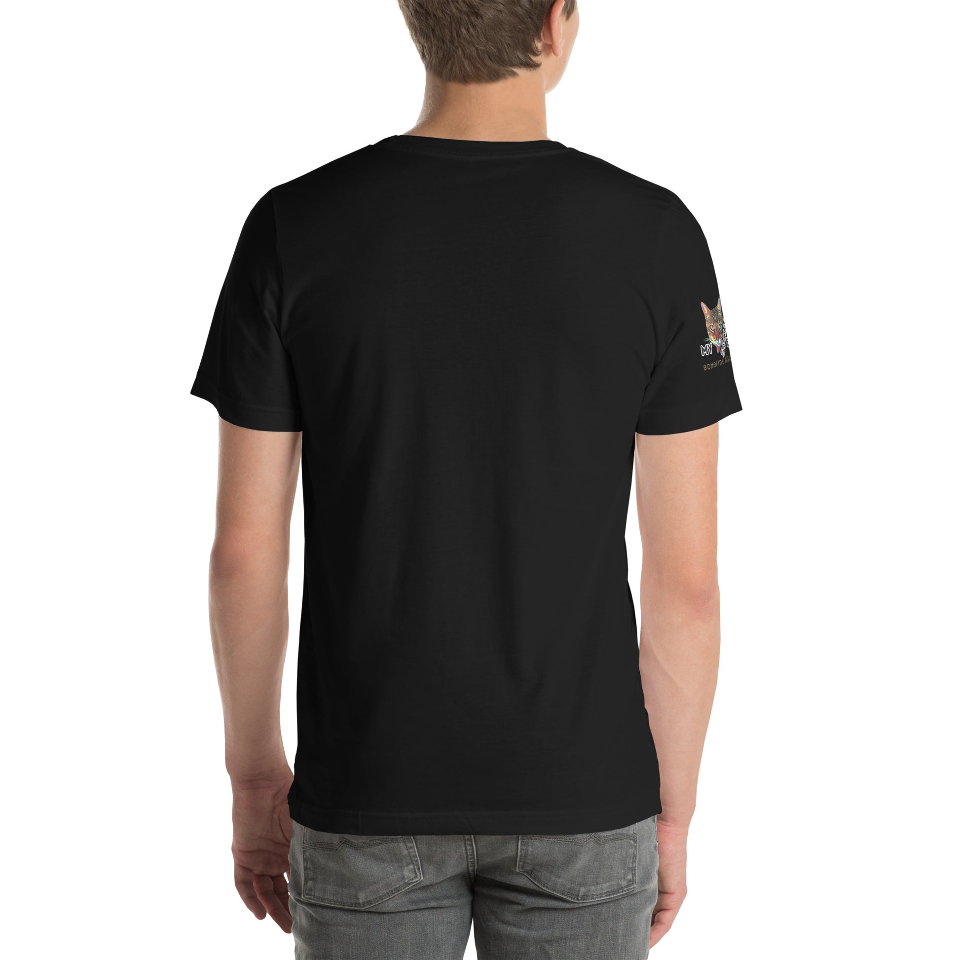 young man wearing unisex black tshirt back trump top dog fight for our future