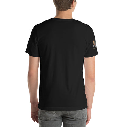 young man wearing unisex black tshirt back trump top dog fight for our future
