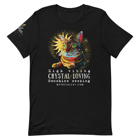 unisex staple t-shirt ocean blue front view cat design, crystal loving, mysocialcat.com