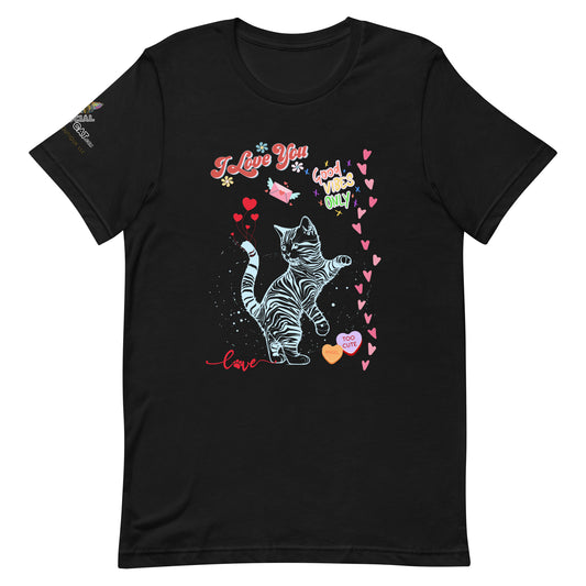 unisex black tshirt on white background i love you good vibes only
