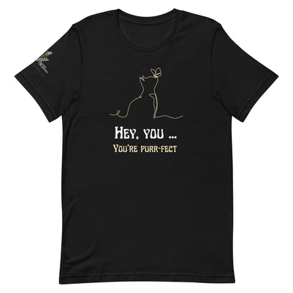 unisex staple tshirt black on white background hey you you're purrfect