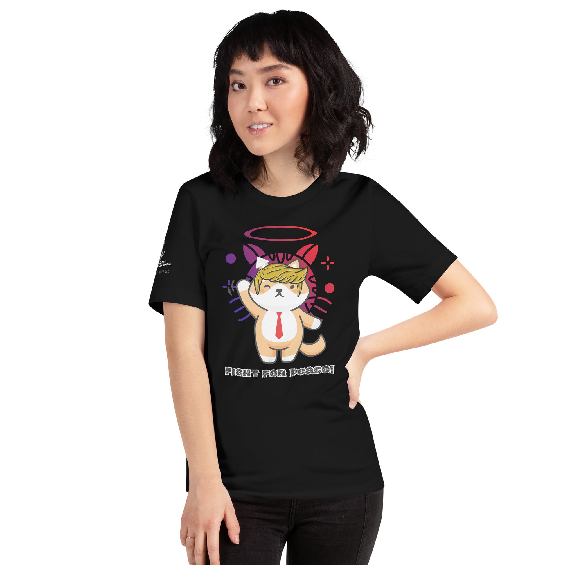 young woman wearing a black tshirt trump fight for peace