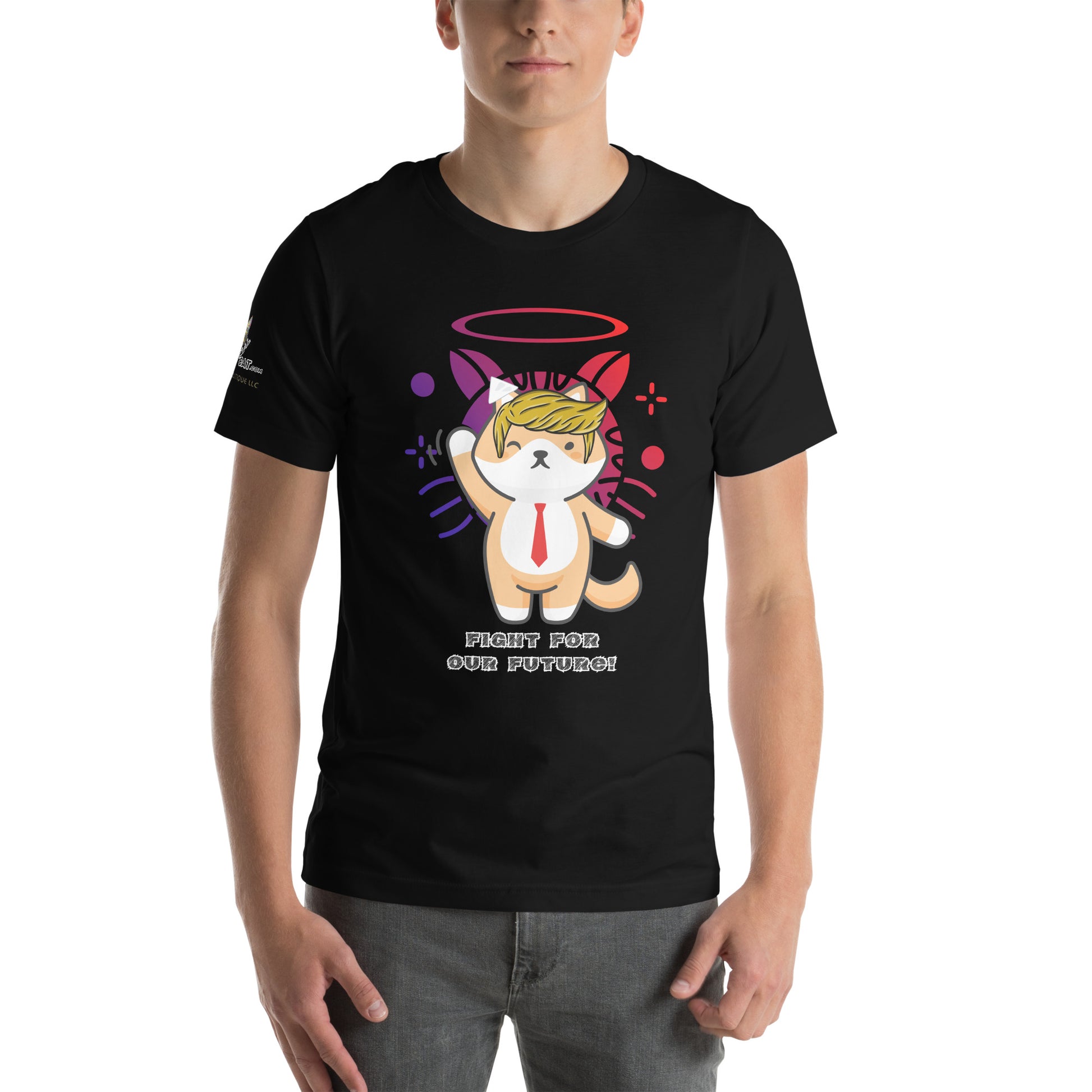 young man wearing unisex black tshirt front trump top dog fight for our future