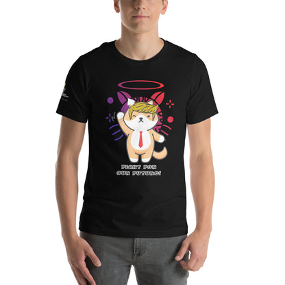 young man wearing unisex black tshirt front trump top dog fight for our future