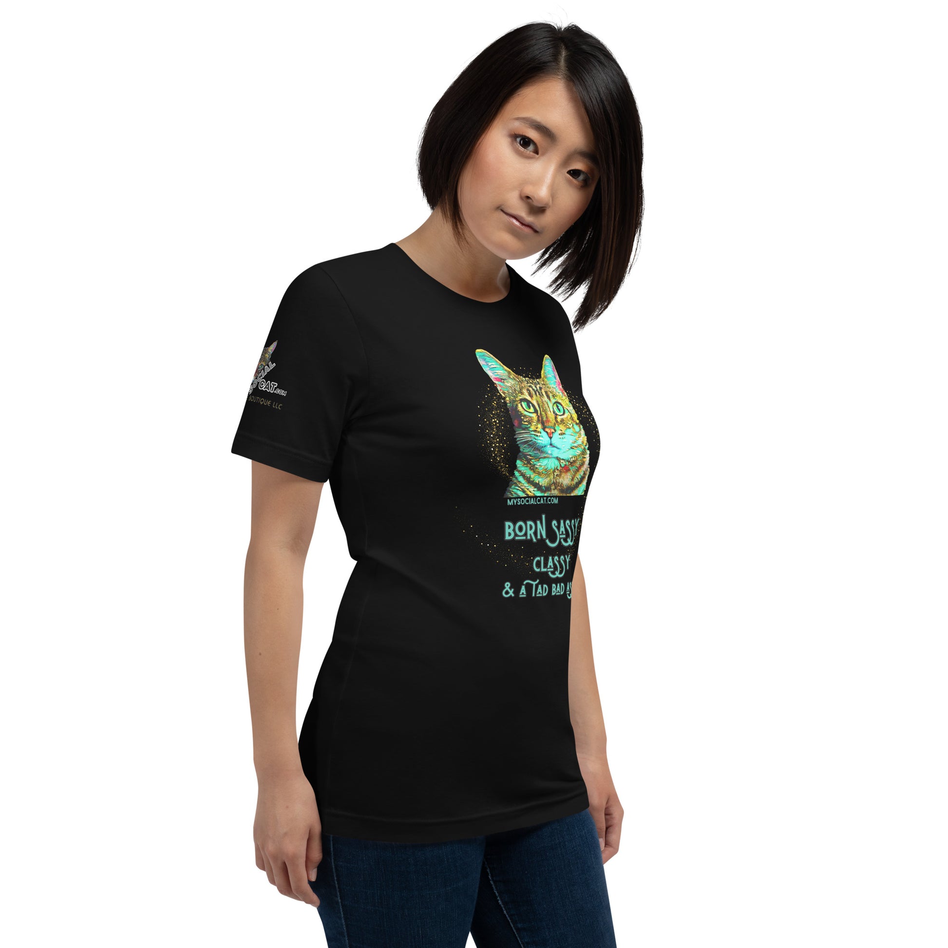 young woman standing agaisnt white background wearing a black tshirt front right view