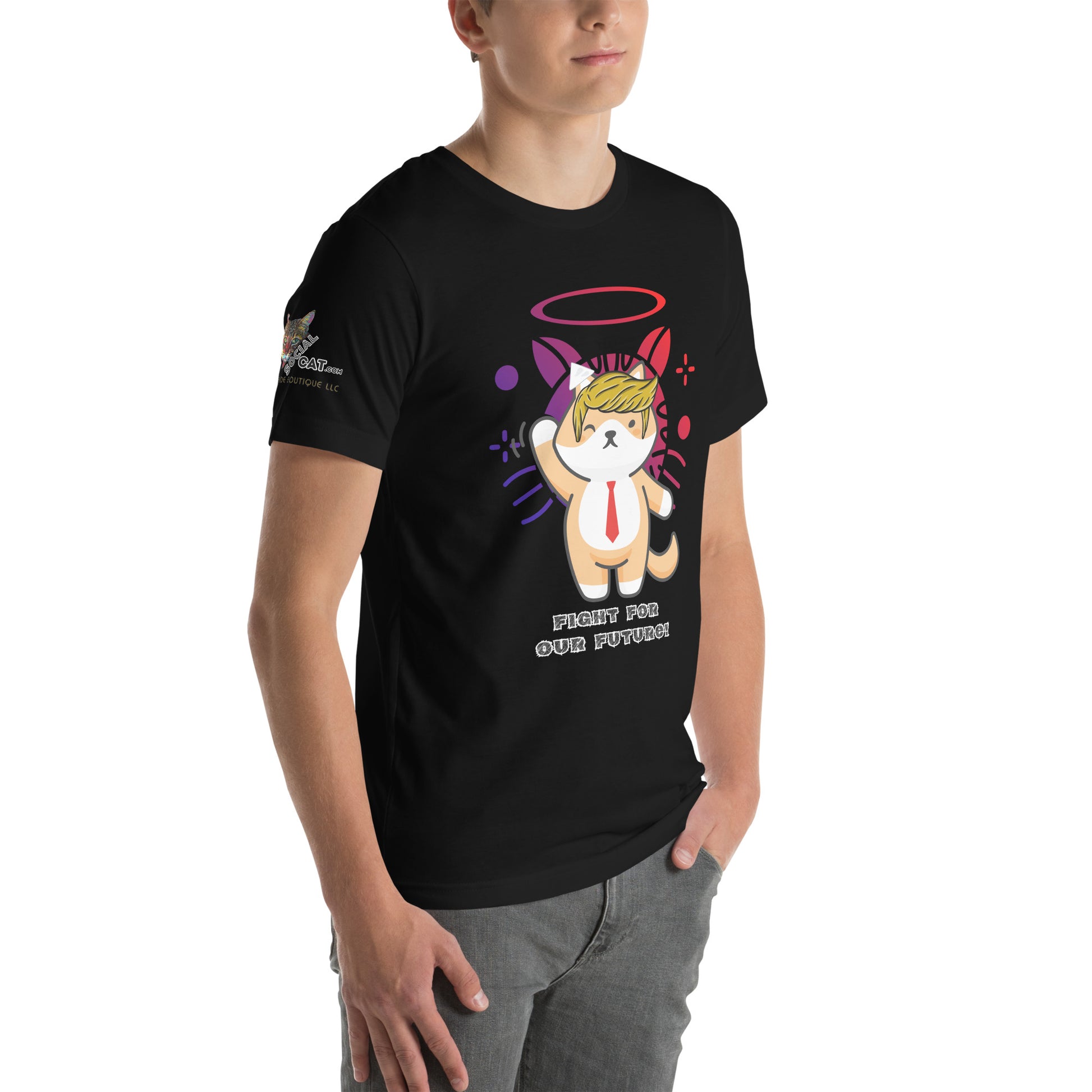 young man wearing unisex black tshirt right front trump top dog fight for our future
