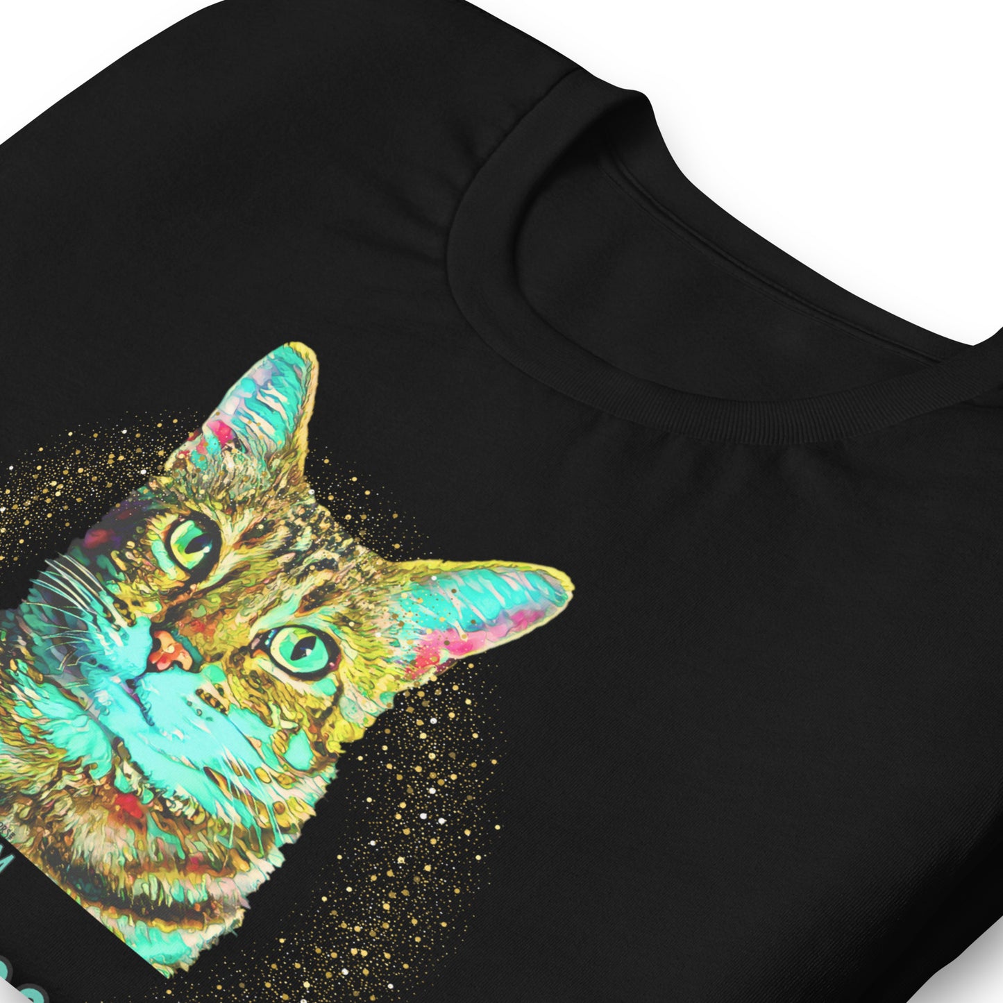 unisex black tshirt close up collar and print on white background