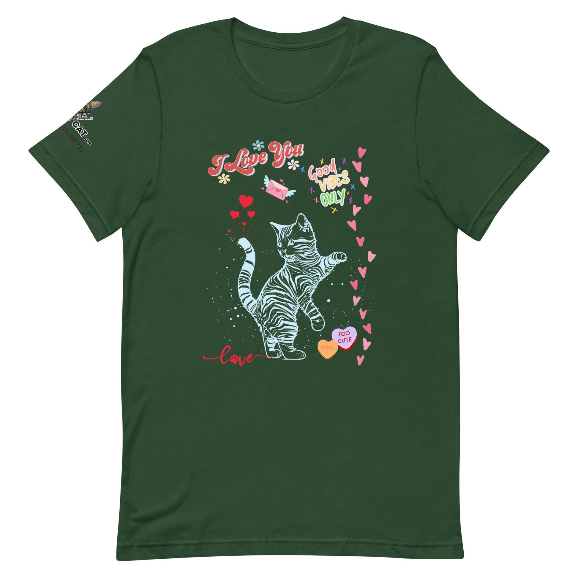 unisex forest green tshirt on white background i love you good vibes only