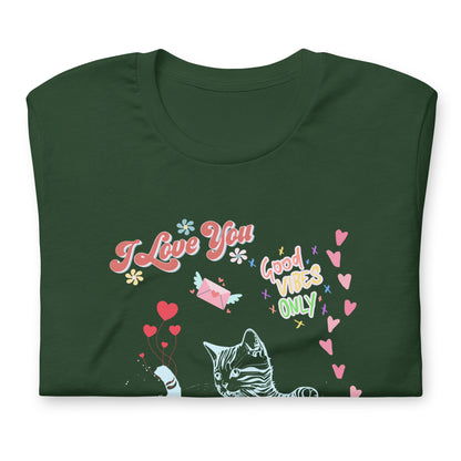 close up unisex forest green tshirt on white background i love you good vibes only