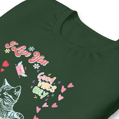 close up unisex forest green tshirt on white background i love you good vibes only