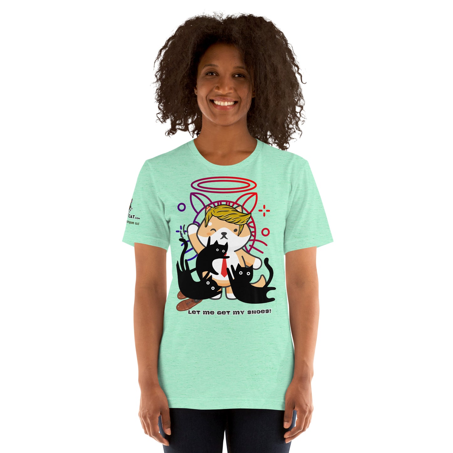 young woman wearing heather mint unisex t-shirt front smiling white background trump top dog let me get my shoes design