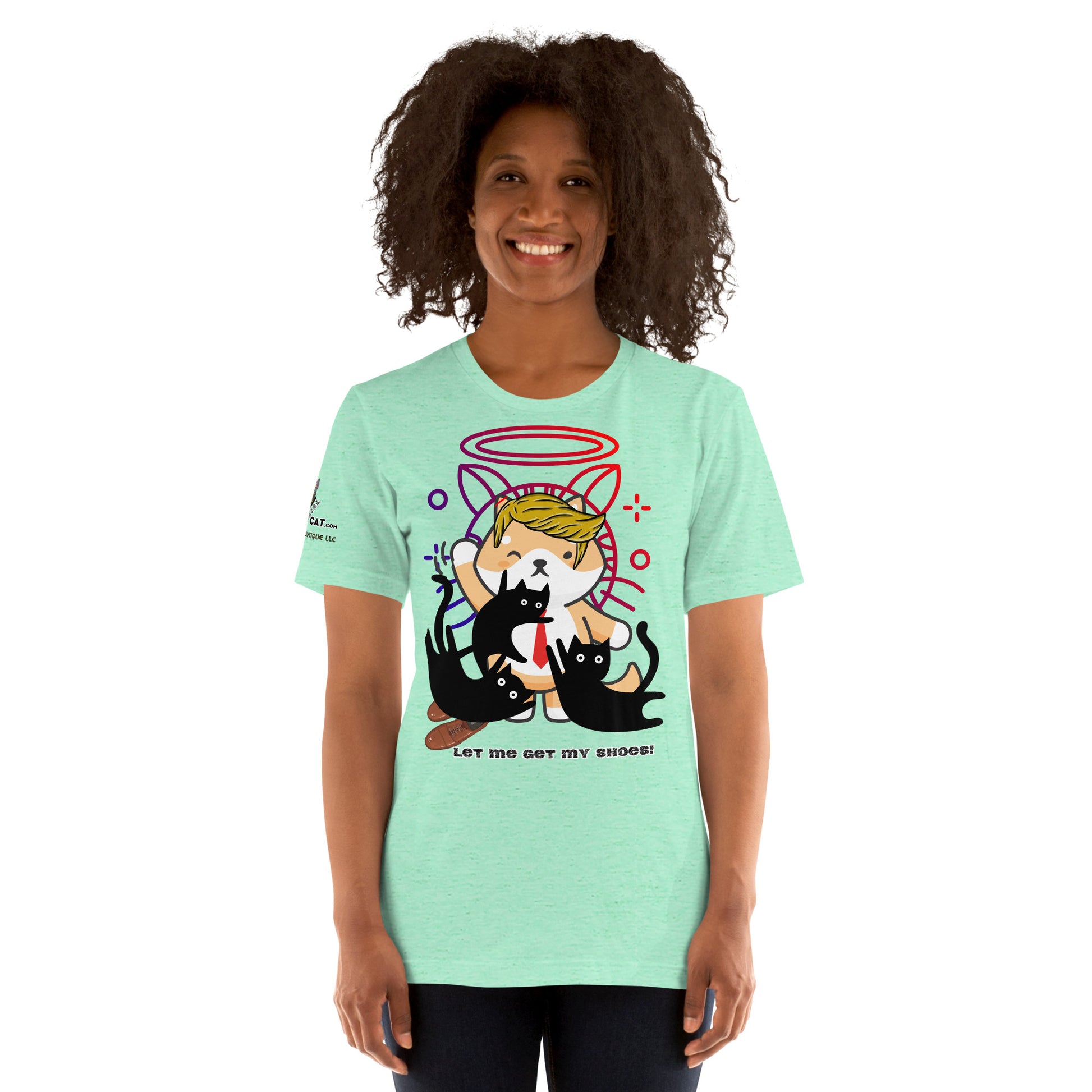 young woman wearing heather mint unisex t-shirt front smiling white background trump top dog let me get my shoes design
