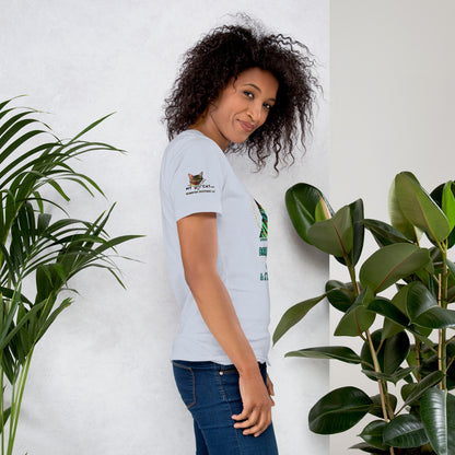 young woman wearing light blue tshirt and jeans smiling right side view
