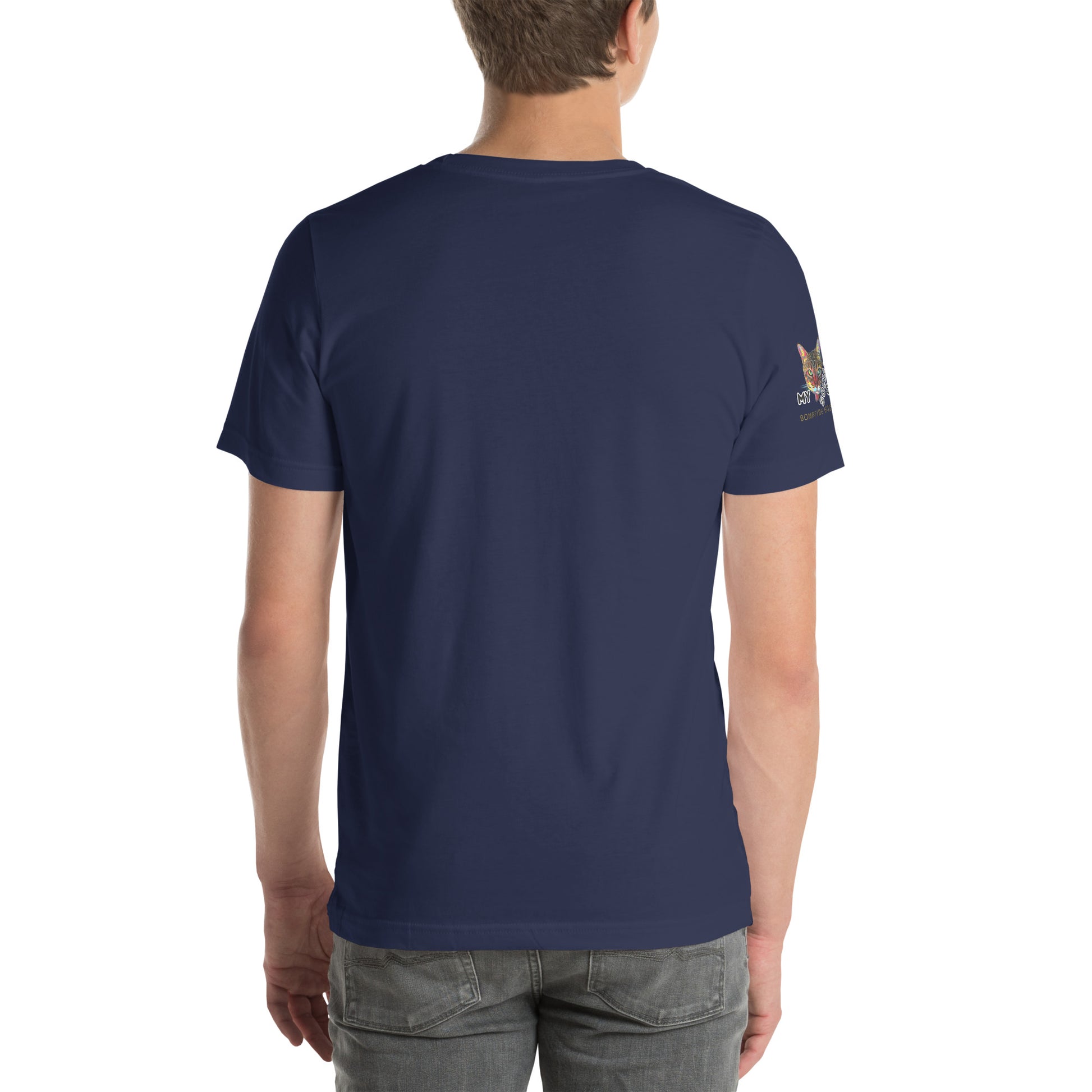 young man back view navy tshirt