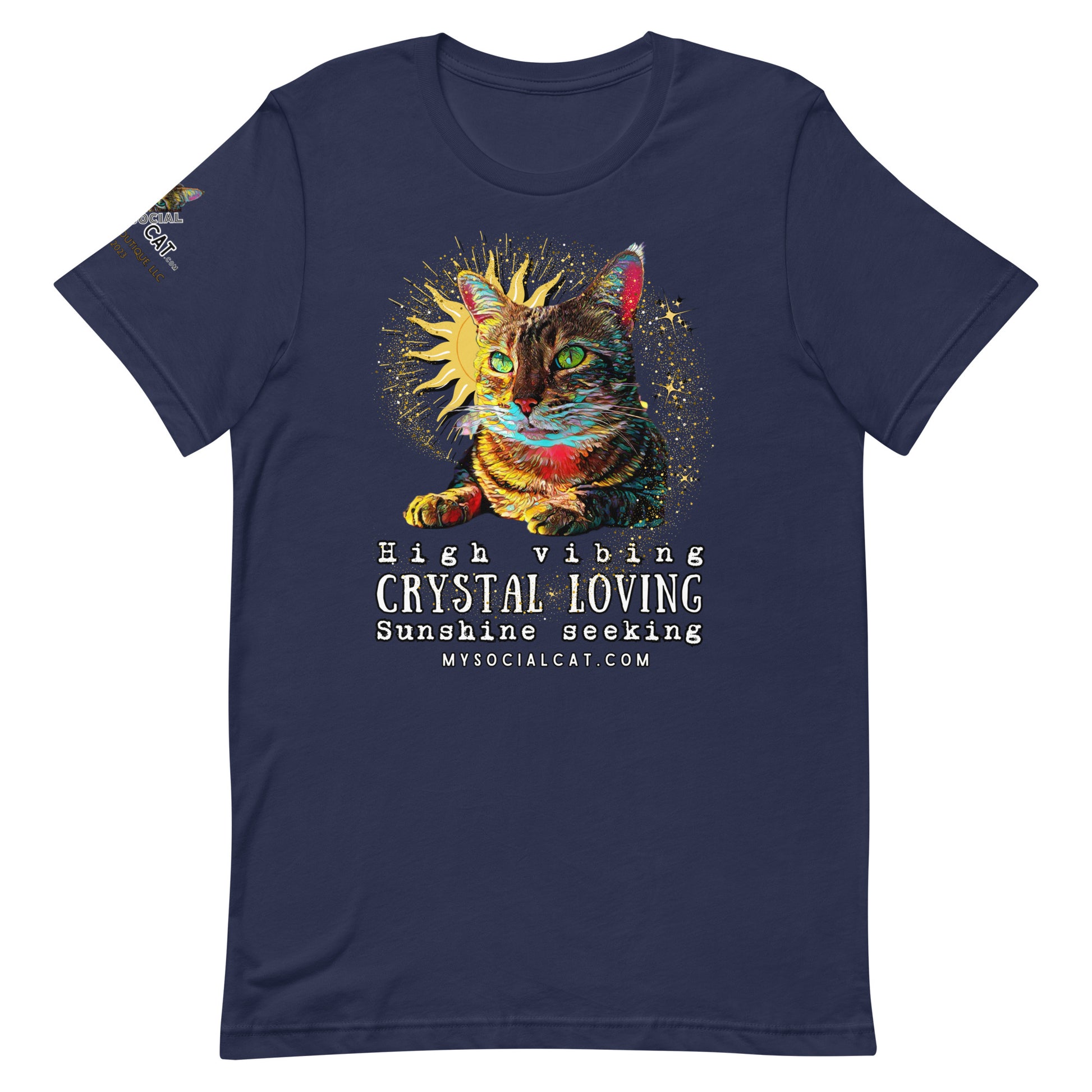 unisex staple t-shirt navy front view cat design, crystal loving, mysocialcat.com