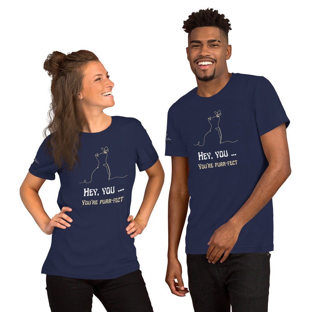 young interracial couple wearing navy tshirt smiling on white background hey you you're purrfect