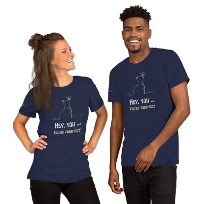 young interracial couple wearing navy tshirt smiling on white background hey you you're purrfect